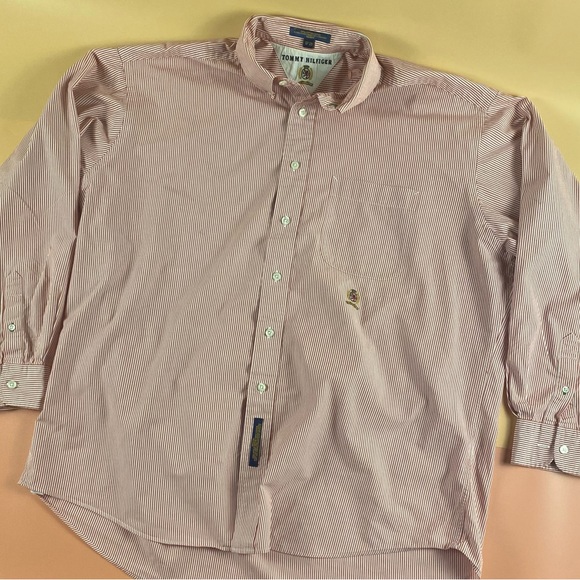 Tommy Hilfiger | Men’s All Cotton Button Down Logo Shirt Red/White | Size 17-35 - Picture 1 of 10